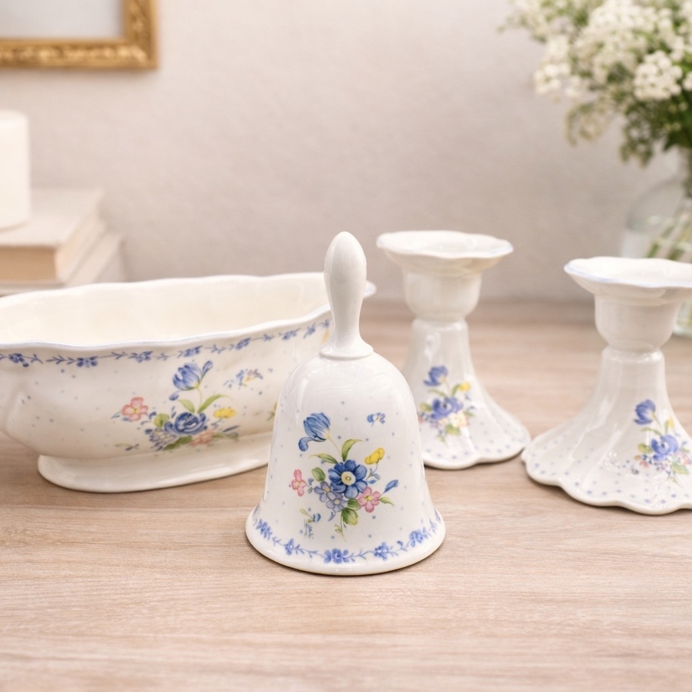 Nikko Ceramics Floral Bell and Dish Set - White and Blue